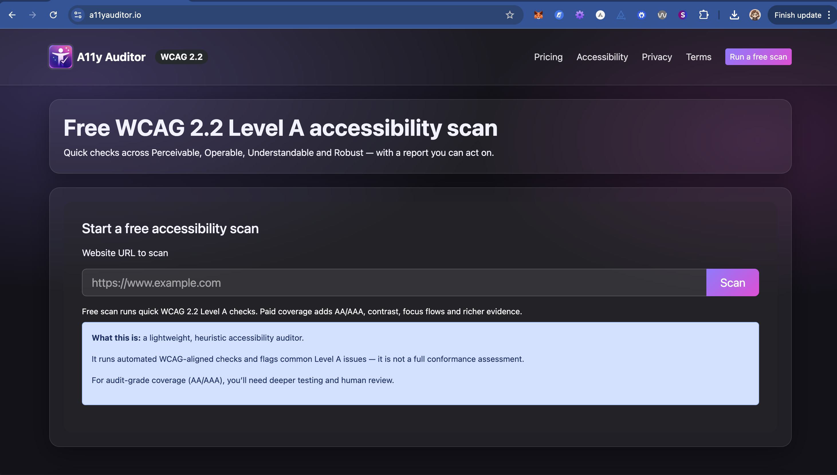 Screenshot of the A11yAuditor.io WCAG 2.2 Level A scan interface