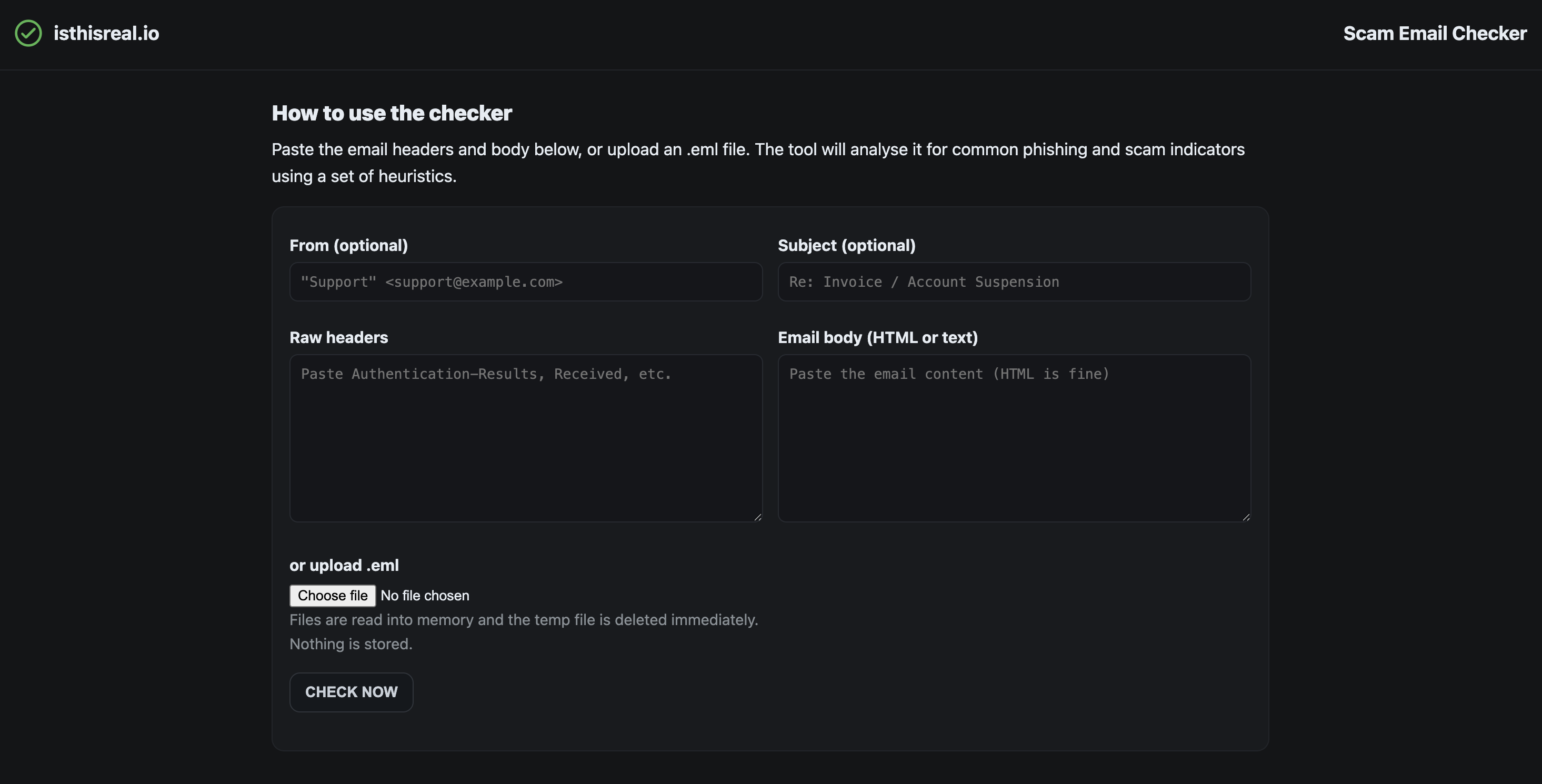 Screenshot of the isthisreal.io email checker interface