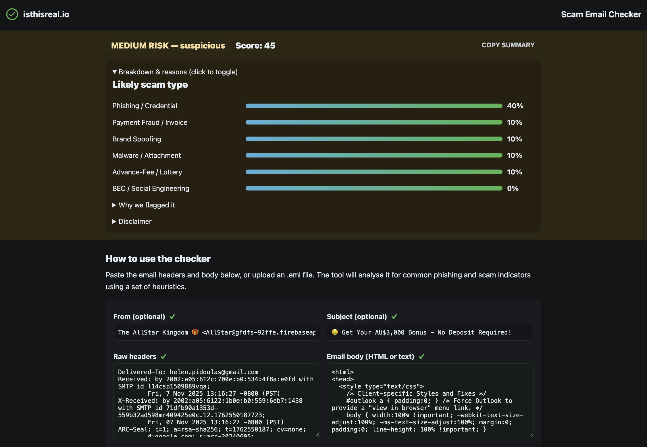 Uploading an .eml file into the isthisreal.io tool